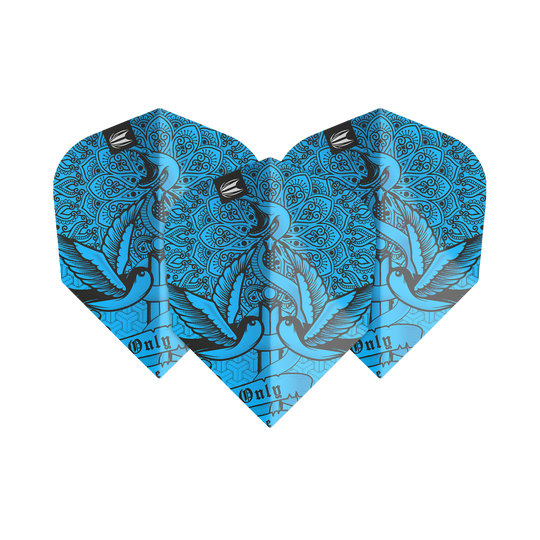 TG485_335450_Target_ProUltra_Ink_Blue_No6_Flights_1AEe3SADaeXqTv Das Bild zeigt die "Target ProUlta Ink Blue No6 Flights". Die Flights sind blau mit einem kunstvollen Muster und einem Vogelmotiv gestaltet.