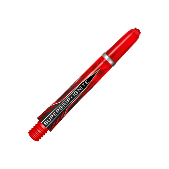 Das Bild zeigt einen roten Harrows Supergrip Ignite Shaft. Im Hintergrund sind rote und schwarze Streifen zu sehen, die den Shaft hervorheben.