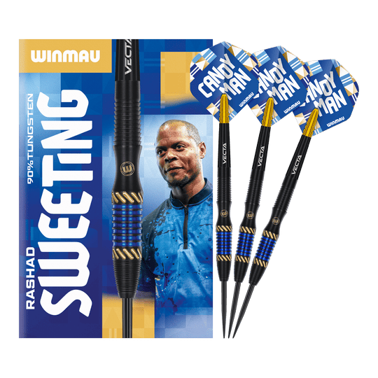 Fléchettes en acier Winmau Rashad Sweeting - 24 g Auf dem Bild sind die Winmau Rashad Sweeting Steeldarts - 24g zu sehen. Die Verpackung zeigt ein Porträt von Rashad Sweeting und die drei Darts sind mit blauen und goldenen Akzenten gestaltet.