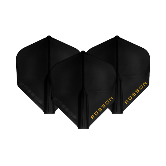 Vols Robson Plus - Standard Auf dem Bild sind drei schwarze Dart-Flights zu sehen. Auf jedem Flight steht das Wort "ROBSON" in gelber Schrift.