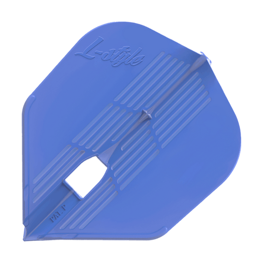 Vols KAMI L3PRO de style L Das Bild zeigt ein blaues Dartflight mit dem Schriftzug "L-style" darauf. Das Flight hat eine eckige Form und gerillte Muster.