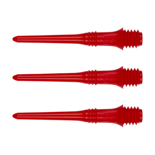USLIP-R_US_Lippoints_50er_Rot_1VDiKGoLZcF3Te Das Bild zeigt drei rote Dartspitzen mit Schraubgewinde. Diese Spitzen sind Teil des Produkts "US Lippoints (50er Pack) - Spitzen".