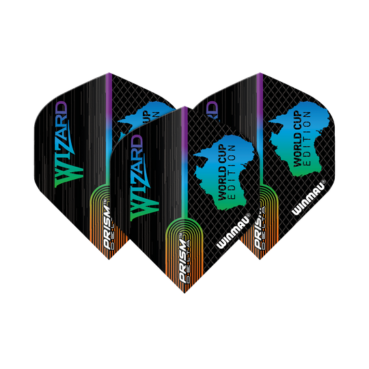 Das Bild zeigt drei Dart-Flights der Marke Winmau, Simon Whitlock World Cup Special Edition. Die Flights sind schwarz mit farbigen Details und den Aufschriften "Wizard" und "World Cup Edition".