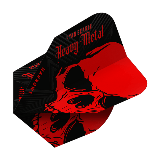 Vols Heavy Metal No6 de Ryan Searle de Harrow Das Bild zeigt das Produkt "Harrows Ryan Searle Heavy Metal No6 Flights". Die Flights sind schwarz und rot gestaltet und zeigen einen auffälligen Totenkopf mit dem Schriftzug "Heavy Metal".