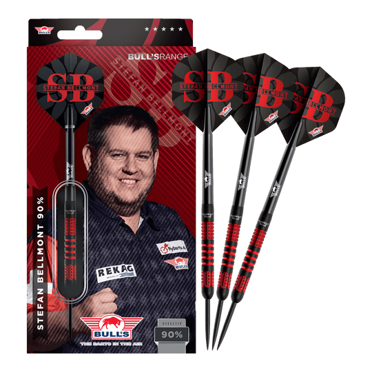 Bulls NL Stefan Bellmont 90 fléchettes en acier - 23 g Das Bild zeigt die vollständigen Bulls NL Stefan Bellmont 90 Steeldarts 23g. Die Darts sind in einem Set abgebildet und überzeugen durch ihre Verarbeitung.