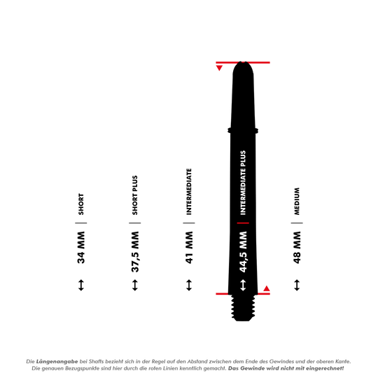 110180_Target_Pro_Grip_Shafts_5_445mm_5Varianten Das Bild zeigt fünf verschiedene Längen von Target Pro Grip Shafts, die von 34 mm bis 48 mm reichen. Die Längenvarianten sind Short, Short Plus, Intermediate, Intermediate Plus und Medium.
