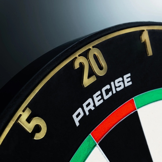 Cible de fléchettes Precise 180 Endorphine en acier avec anneau numéroté - Or Das Precise 180 Endorphine Steeldartboard mit Nummernring in Gold ist abgebildet. Die Dartscheibe verfügt über einen goldenen Zahlenring.