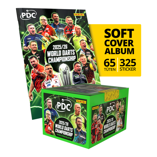 Championnat du monde de fléchettes PDC Panini 2025/26 - Coffret à couverture souple avec boîte d'autocollants Das Bild zeigt das Panini PDC World Darts Championship 2025/26 Softcover Bundle mit einer Stickerbox. Dieses Bundle enthält ein Softcover-Album und eine Box voller Sticker.