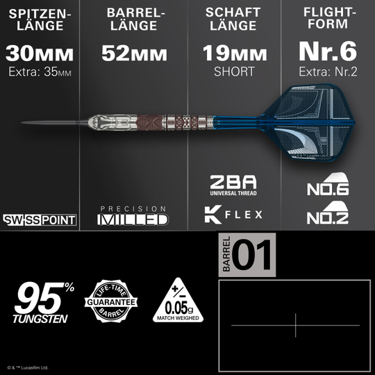 Fléchettes en acier Target Star Wars Mandalorian 95 à pointe suisse Zu sehen ist das Produkt Target Star Wars Mandalorian 95 Swiss Point Steeldarts. Die Abbildung hebt das einzigartige Design dieser Dartpfeile hervor.