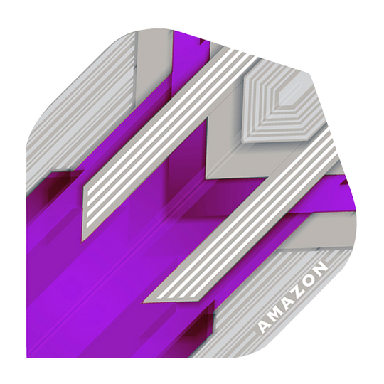 A-30-Amazon-Silver-No2-Purple-FlightsDj79WpttHJtQg Das Bild zeigt ein Dartflight mit dem Produktnamen "Amazon Silver No.2 Purple Flights". Das Flight hat ein modernes Design in Silber und Lila mit weißen Linien und dem weißen Schriftzug "Amazon" in der Ecke.