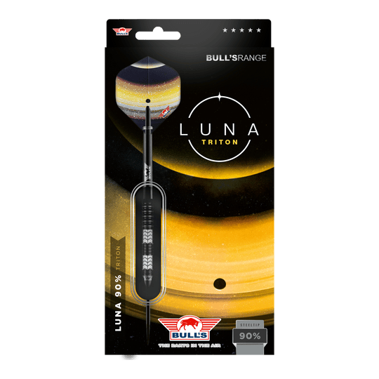 Fléchettes en acier Bulls NL Luna Triton Das Bild zeigt die Verpackung der "Bulls NL Luna Triton Steeldarts". Die Verpackung ist schwarz-gelb gestaltet und hebt den Dartpfeil sowie den Schriftzug "Luna Triton" hervor.