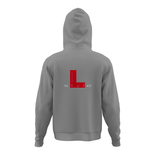 Sweat à capuche style L - Gris Der Hoodie ist grau und hat auf der Rückseite ein großes rotes "L" mit dem Wort "style" darunter. Das Design ist schlicht und modern gehalten.