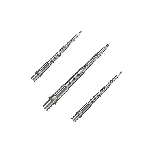 Pointes de fléchettes en acier Caliburn System - Spiro - NoLip - argent Das Bild zeigt ein Set von Caliburn Evo System Steeldartspitzen in Silber, 28 mm lang und mit Spiro-Design. Mehrere Spitzen sind geordnet dargestellt.