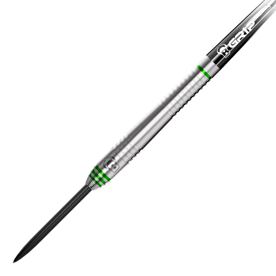 Bulls Max Czerwinski Gurke Steeldarts mit einem Gewicht von 23 Gramm. Das Bild zeigt die Darts aus einer bestimmten Perspektive.