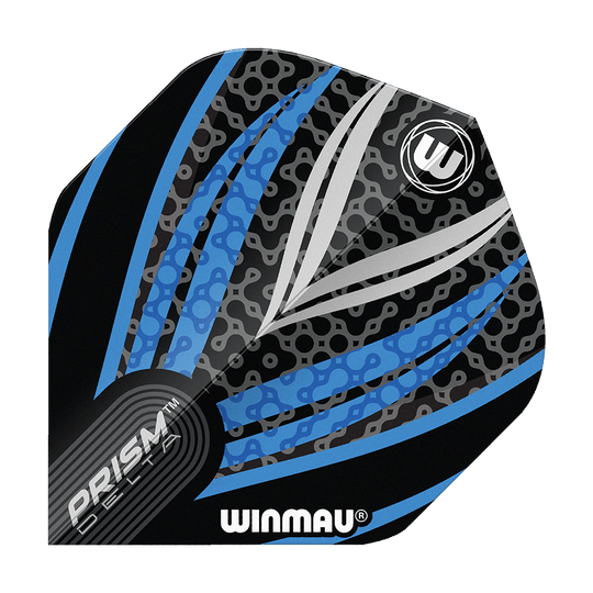 Volets standard Winmau Prism Delta Noir Blanc Bleu n° 2 Das Bild zeigt ein Winmau Prism Delta Flight in den Farben Schwarz, Weiß und Blau. Das Design ist modern mit auffälligen Linien und Mustern.