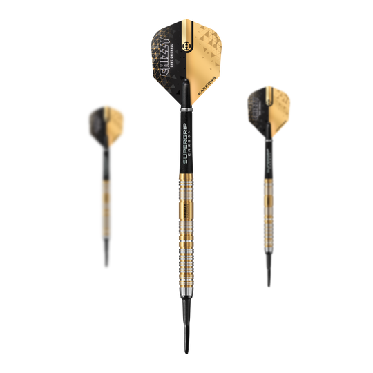 Fléchettes souples Dave Chisnall Chizzy Series 2 de Harrow Das Bild zeigt drei Softdarts der Marke "Harrows Dave Chisnall Chizzy Series 2" mit gold-schwarzem Design. Die Darts haben schwarze Flights und silber-goldene Griffe mit schwarzer Spitze.