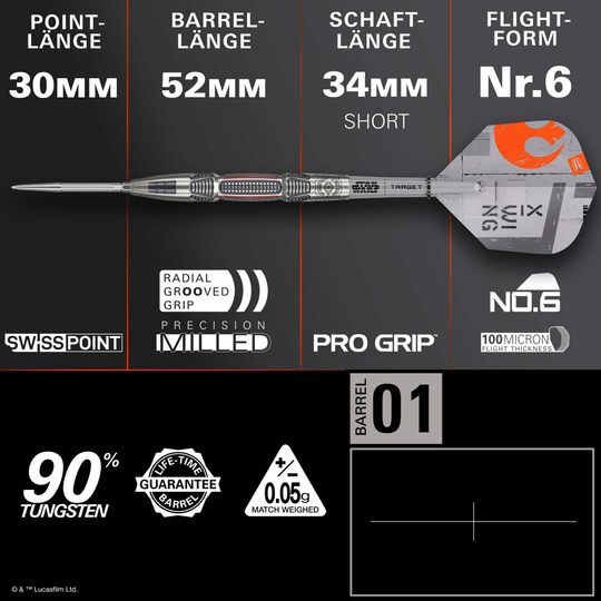 Fléchettes en acier Target Star Wars X-Wing Swiss Point Auf diesem Foto sieht man die Target Star Wars X-Wing Swiss Point Steeldarts. Die Steeldarts sind im Stil des X-Wing aus Star Wars gestaltet.