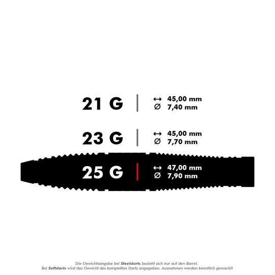 Das Bild zeigt drei verschiedene Steeldarts mit den Gewichten 21 g, 23 g und 25 g. Die Maße Länge und Durchmesser sind für jedes Gewicht angegeben.
