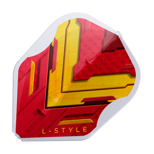 Vols L-Style V-Series V1 Type A Espagne Blanc Transparent L3EZ Dies ist ein L-Style V-Series V1 Type A Spain Clear White L3EZ Flight. Das Design ist rot und gelb mit einem weißen Rand und der Aufschrift "L-STYLE".