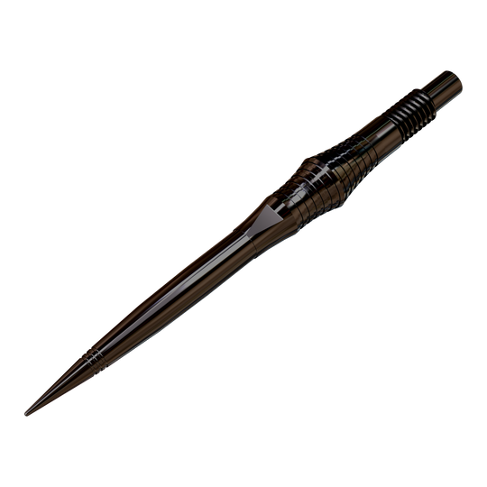 Pointes de fléchettes Harrows Quick Point Spire Elite Series - Noires Zu sehen sind schwarze Dartspitzen, die auf einer ebenen Fläche ausgebreitet sind. Die Spitzen werden aus einer leicht schrägen Perspektive präsentiert.