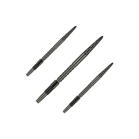 Pointes de fléchettes Target Swiss DS Surge Point - Noir Auf dem Bild sind drei schwarze Dartspitzen zu sehen. Sie sind schlank, haben ein strukturiertes Muster und liegen nebeneinander.