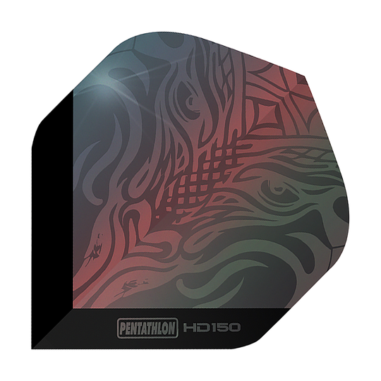 Dies ist ein Pentathlon HD150 Metallic Grau Standard Flight für Darts. Das Flight hat ein abstraktes Muster in metallicfarbenen Grau- und Rottönen.