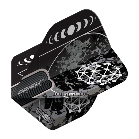 Vols standard Winmau Prism Delta Callisto No2 Das Bild zeigt die Winmau Prism Delta Callisto No2 Standard Flights. Die Flights sind schwarz-grau gemustert und mit weißen grafischen Mondphasen und geometrischen Mustern verziert.