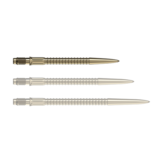 Pointes de fléchettes Mission R2.5 Rapid Point GV1 - Or Goldene Dartspitzen liegen nebeneinander auf einer weißen Fläche. Diese Spitzen eignen sich für das Dartspiel.