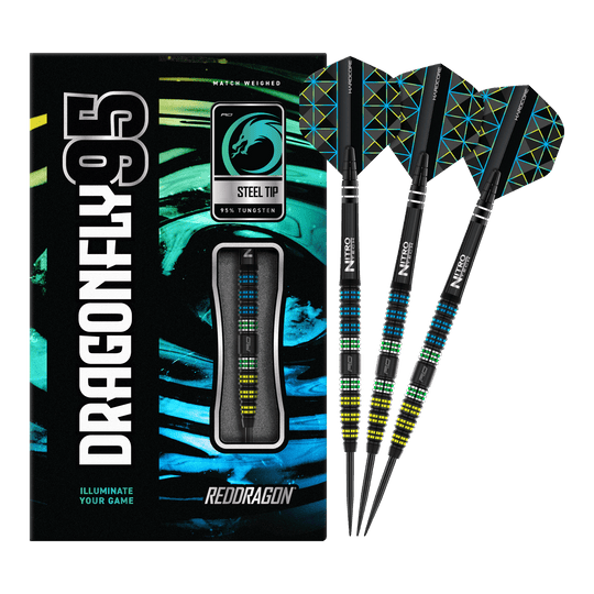 Fléchettes Red Dragon Libellule 95 noires coniques en acier Die Abbildung zeigt das Produkt "Red Dragon Dragonfly 95 Black Tapered Steeldarts" mit moderner, bunter Verpackung. Drei schwarze Steeldarts mit farbigen Akzenten und speziellen Flights sind daneben zu sehen.