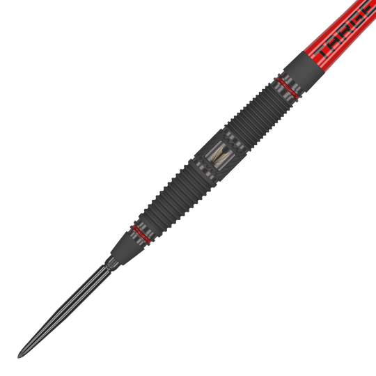 Fléchettes en acier Target Scope 04 Swiss Point Das Bild zeigt einen Target Scope 04 Swiss Point Steeldart. Der Dart hat ein schwarzes, geriffeltes Griffstück mit roten Akzenten und einer silbernen Spitze.