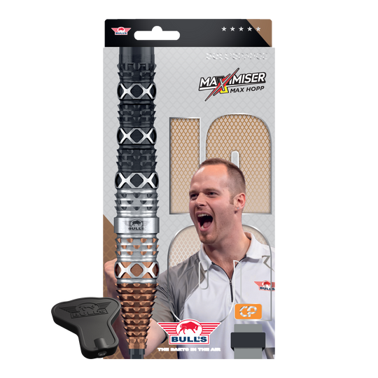 Bulls NL Max Hopp 95% Points convertibles Steeldarts Abbildung der Bulls NL Max Hopp 95% Convertible Points Steeldarts. Die Darts sind detailreich gezeigt und richten sich an Dart-Enthusiasten.