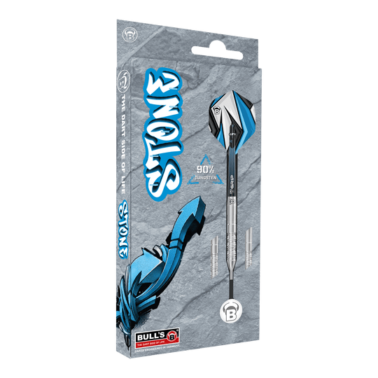 Fléchettes en acier Bulls Stone S3 Die Abbildung zeigt die Verpackung der Bulls Stone S3 Steeldarts. Die Darts bestehen zu 90 % aus Tungsten und haben ein modernes Design in Blau und Silber.