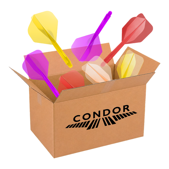 Auf diesem Bild wird die McDart Mystery-Box - Condor präsentiert. Die Box ist für Dartspieler gedacht und enthält spezielle Artikel der Marke Condor.