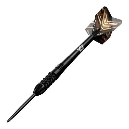 Fléchettes en acier noir Bulls NL Caliber Dieses Bild zeigt den Bulls NL Caliber Black Steeldart. Der Dartpfeil ist schwarz und hat ein auffälliges Design auf den Flights.