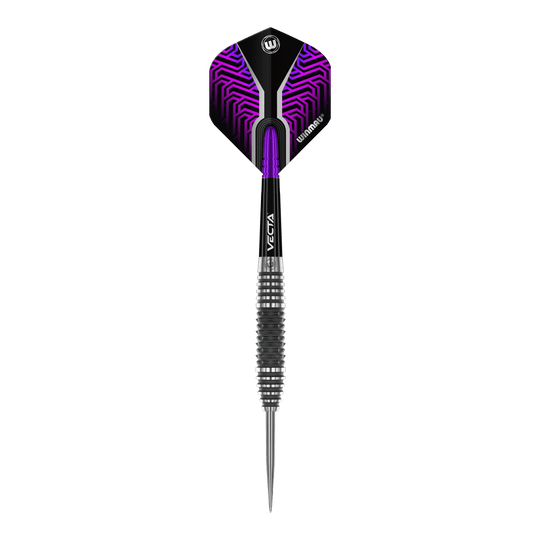 Fléchettes en acier Winmau Kairos 01 Auf dem Bild ist ein Winmau Kairos 01 Steeldart zu sehen. Der Dartpfeil hat ein modernes Design mit schwarzem und lila Muster am Flight.