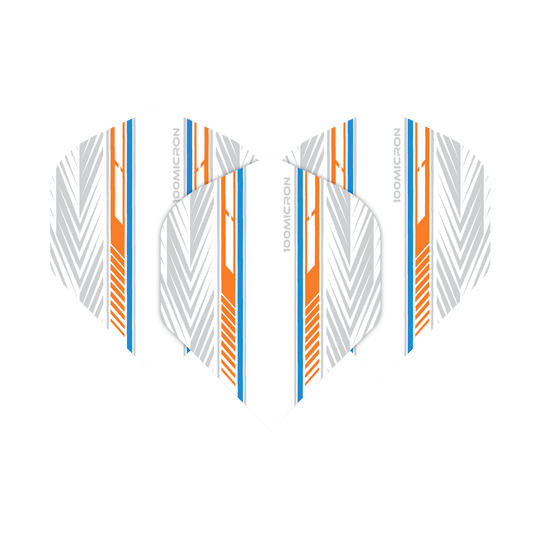 Vols de Pentathlon blanc/orange/bleu Das Bild zeigt die Pentathlon White Orange Blue No2 Standard Flights. Sie sind weiß mit auffälligen orangefarbenen, blauen und grauen Linienmustern gestaltet.