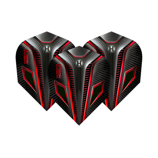 HR6_Harrows_Noble_Red_Standard_Flights_1gwtaicXWTQLK4 Das Bild zeigt drei Harrows Noble Red Standard Flights für Dartpfeile. Sie sind schwarz mit roten und silbernen Akzenten und einem modernen, futuristischen Design.
