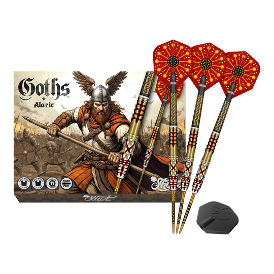 Fléchettes en acier Shot Goths Alaric Turbo Point - 23 g Abgebildet sind die Shot Goths Alaric Turbo Point Steeldarts - 23g. Die Darts eignen sich besonders für Steeldartspieler.