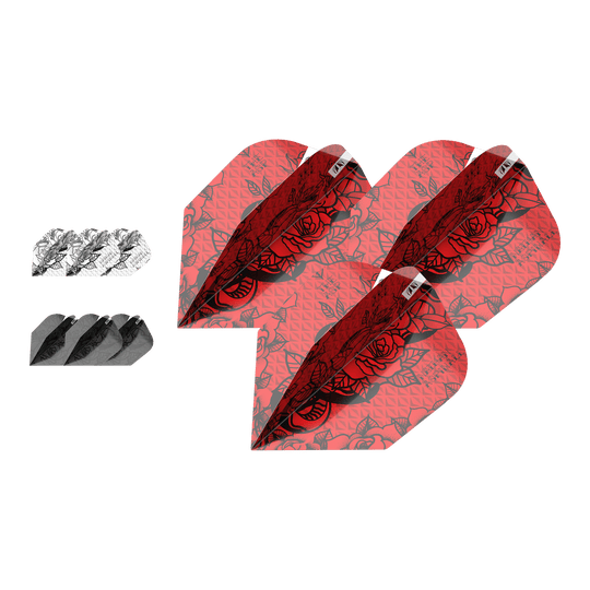 Lot de 3 encres Target Ink Nathan Aspinall n° 6 Flights Das Bild zeigt drei Sets von Dart-Flights des Produkts "Target Ink Bundle 3 Sets Nathan Aspinall No6 Flights". Die Flights sind in Rot, Schwarz und Weiß mit auffälligem Muster gestaltet.