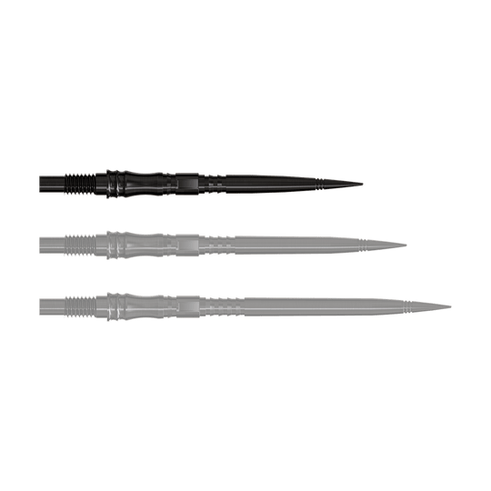 Harrows Quick Point Apex Axis Elite Series Dartspitzen - Schwarz Apex Axis Black Elite Serie Dartspitzen in 30mm werden gezeigt. Die Spitzen sind schmal und schwarz.