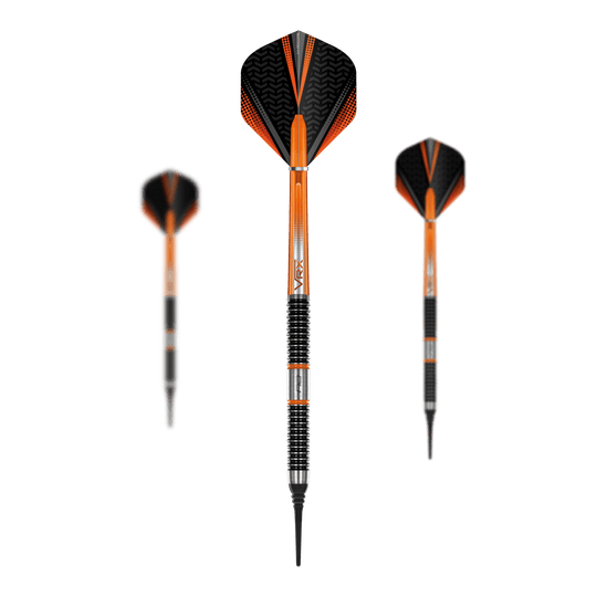 Red Dragon Amberjack 18 fléchettes souples - 20 g Das Bild zeigt drei Softdarts des Modells „Red Dragon Amberjack 18 Softdarts - 20g“. Die Darts sind überwiegend orange und schwarz mit silbernen Rillen am Griff.