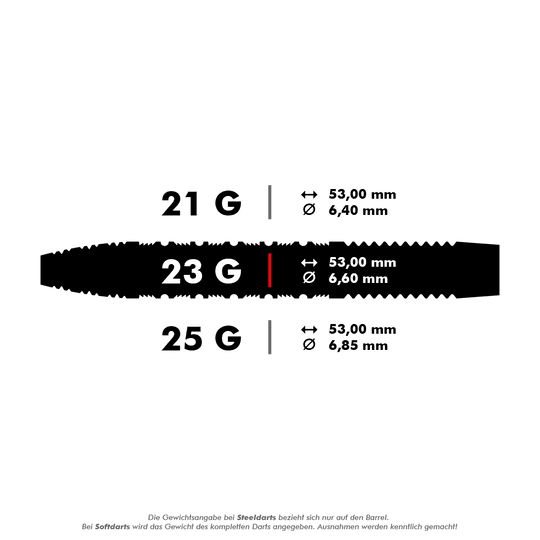 190051_Target_Bolide_01_Swiss_Point_Steeldarts_5_23g Das Bild zeigt die Maße und Gewichte der "Target Bolide 01 Swiss Point Steeldarts". Die Darts sind in 21g, 23g und 25g erhältlich, jeweils 53 mm lang und mit unterschiedlichen Durchmessern.