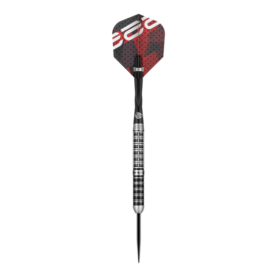 Dies ist ein Steeldart aus der Serie "Shot Niels Zonneveld V2". Der Dart hat ein silbernes, geriffeltes Barrel und schwarze sowie rote Flights.