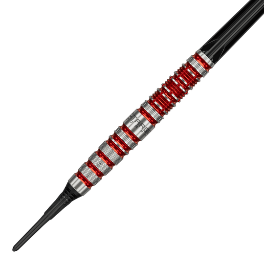 Fléchettes souples Target Black Marque Spinel - 21,5 g Target Black Marque Spinel Softdarts - 21,5g ist ein hochwertiger Softdart. Das Bild zeigt das schwarze Dartpfeil-Design mit markanten Elementen.