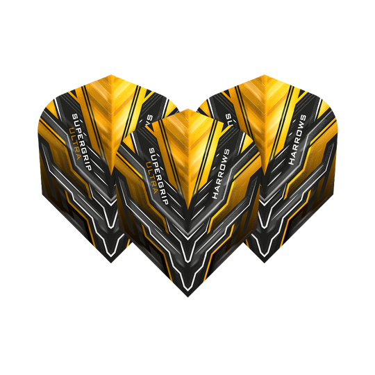 Das Bild zeigt drei Dart-Flights mit dem Namen „Harrows Supergrip Ultra Sunset Gold Standard Flights“. Die Flights haben ein auffälliges Design in Gold, Schwarz und Silber mit grafischen Mustern und Schriftzügen.