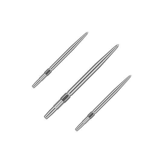 Pointes de fléchettes Target Swiss Point Silver Das Bild zeigt drei silberne Dartspitzen, die nebeneinander liegen. Sie sind lang und haben an einem Ende eine strukturierte Griffzone.