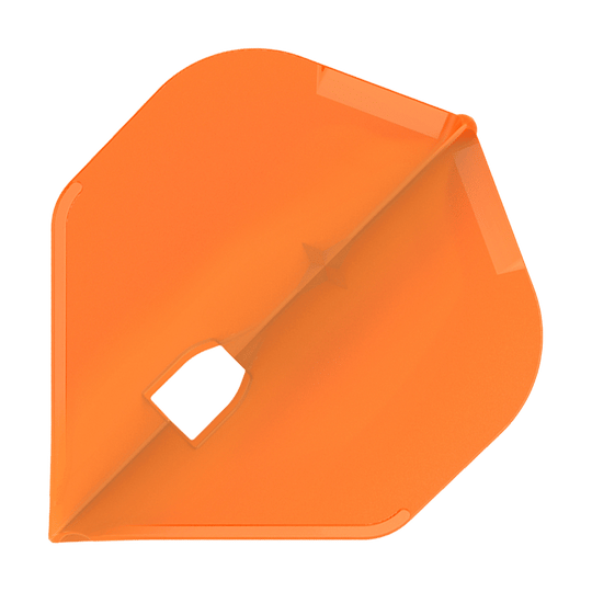 Ailettes L-Style Champagne - Norme L1PRO Das Bild zeigt ein orangefarbenes Dartflight in einer standardisierten Form. In der Mitte befindet sich ein quadratisches Loch für die Befestigung am Dart-Schaft.
