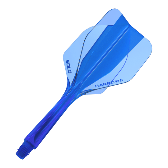 Das Bild zeigt das Harrows Solo No6 Flight-Shaft-System in Blau. Es ist ein Ersatzteil für Dartpfeile.