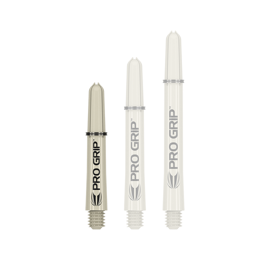 380150_Target_Pro_Grip_Shafts_Sand_34mm_1 Das Bild zeigt drei beige Dartschäfte in unterschiedlichen Längen. Auf jedem Schaft steht deutlich "PRO GRIP" geschrieben.