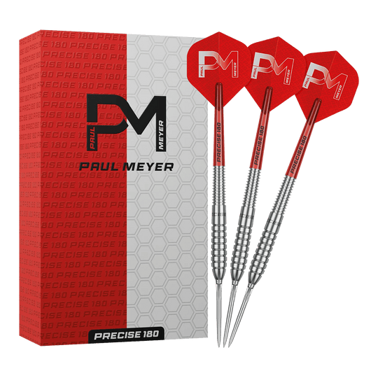 Fléchettes en acier Precise 180 Paul Meyer Version 1 Das Bild zeigt die Precise 180 Paul Meyer Version 1 Steeldarts. Ein Satz Steeldarts, ideal für Dartspieler.